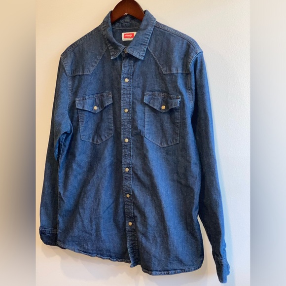 Wrangler Blue Indigo Denim Pearl Snap Western Shirt Long Sleeve Men's Large - Picture 2 of 6